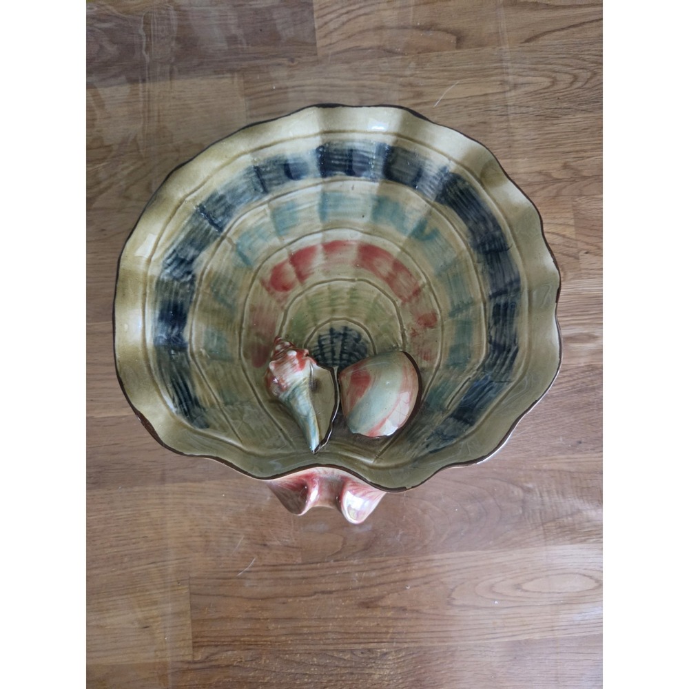Vintage French Majolica Pottery Seashell Oyster 10" Pedestal Bowl Art Nouveau